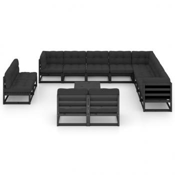 14-tlg. Garten-Lounge-Set mit Kissen Schwarz Massivholz Kiefer