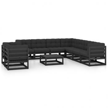 ARDEBO.de - 10-tlg. Garten-Lounge-Set mit Kissen Schwarz Massivholz Kiefer