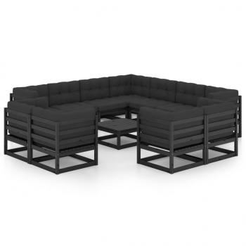 12-tlg. Garten-Lounge-Set mit Kissen Schwarz Massivholz Kiefer