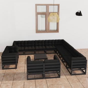 ARDEBO.de - 14-tlg. Garten-Lounge-Set mit Kissen Schwarz Massivholz Kiefer