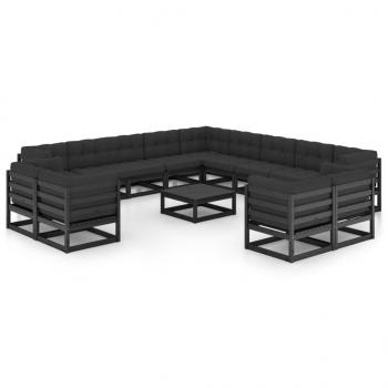 14-tlg. Garten-Lounge-Set mit Kissen Schwarz Massivholz Kiefer