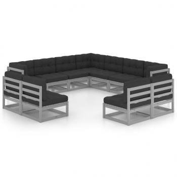 ARDEBO.de - 11-tlg. Garten-Lounge-Set mit Kissen Grau Kiefer Massivholz