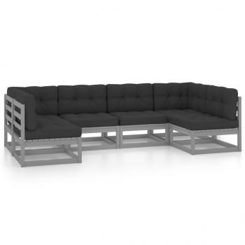 6-tlg. Garten-Lounge-Set mit Kissen Grau Massivholz Kiefer