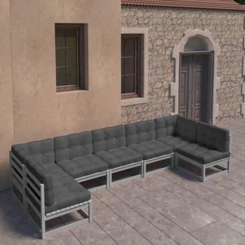 ARDEBO.de - 7-tlg. Garten-Lounge-Set mit Kissen Grau Massivholz Kiefer