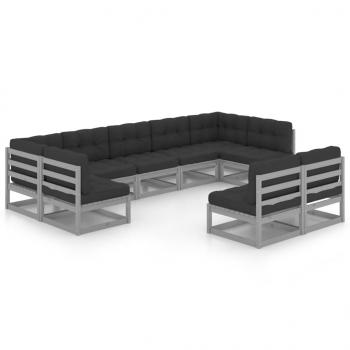 9-tlg. Garten-Lounge-Set mit Kissen Grau Massivholz Kiefer