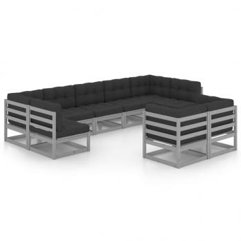 9-tlg. Garten-Lounge-Set mit Kissen Grau Massivholz Kiefer