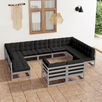 ARDEBO.de - 11-tlg. Garten-Lounge-Set mit Kissen Grau Kiefer Massivholz