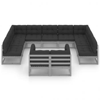 11-tlg. Garten-Lounge-Set mit Kissen Grau Kiefer Massivholz