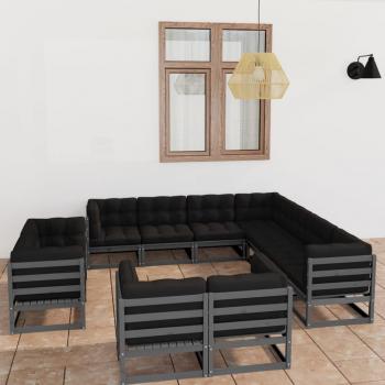 ARDEBO.de - 11-tlg. Garten-Lounge-Set mit Kissen Grau Kiefer Massivholz