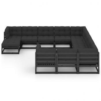 12-tlg. Garten-Lounge-Set mit Kissen Schwarz Massivholz Kiefer