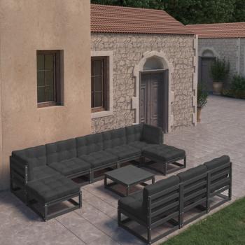 ARDEBO.de - 11-tlg. Garten-Lounge-Set mit Kissen Schwarz Kiefer Massivholz