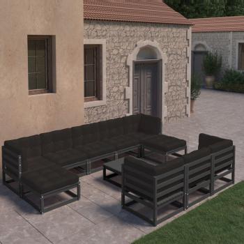 ARDEBO.de - 11-tlg. Garten-Lounge-Set mit Kissen Schwarz Kiefer Massivholz