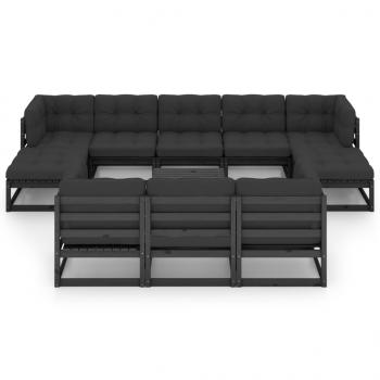 11-tlg. Garten-Lounge-Set mit Kissen Schwarz Kiefer Massivholz