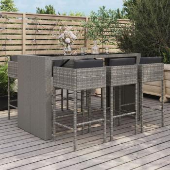 ARDEBO.de - 7-tlg. Gartenbar-Set mit Kissen Grau Poly Rattan