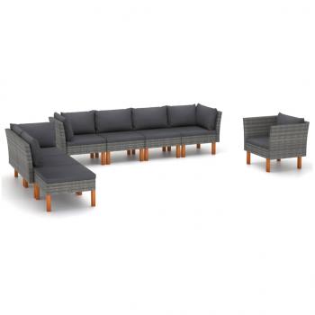 ARDEBO.de - 8-tlg. Garten-Lounge-Set Poly Rattan und Eukalyptusholz Grau