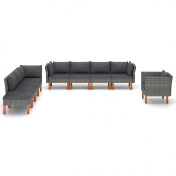 9-tlg. Garten-Lounge-Set Poly Rattan und Eukalyptusholz Grau