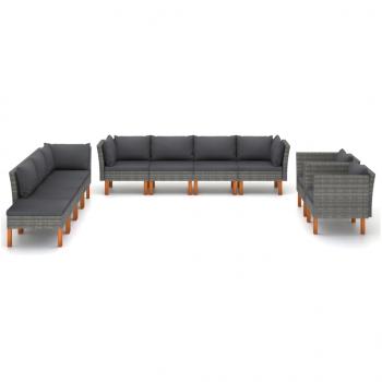 10-tlg. Garten-Lounge-Set Poly Rattan und Eukalyptusholz Grau