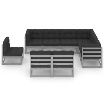 10-tlg. Garten-Lounge-Set mit Kissen Grau Massivholz Kiefer