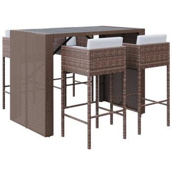 5-tlg. Gartenbar-Set mit Kissen Braun Poly Rattan