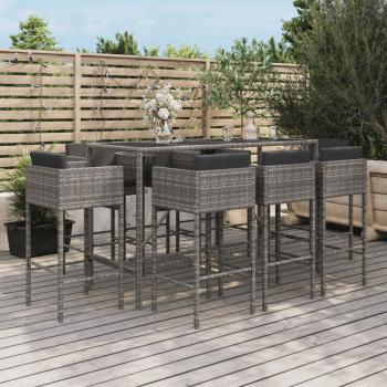 ARDEBO.de - 9-tlg. Gartenbar-Set mit Kissen Grau Poly Rattan