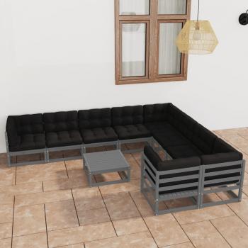 ARDEBO.de - 10-tlg. Garten-Lounge-Set mit Kissen Grau Massivholz Kiefer