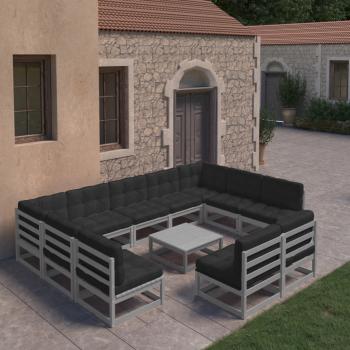 ARDEBO.de - 10-tlg. Garten-Lounge-Set mit Kissen Grau Massivholz Kiefer