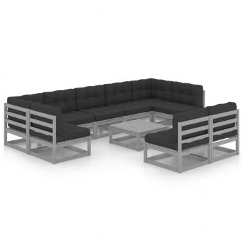 10-tlg. Garten-Lounge-Set mit Kissen Grau Massivholz Kiefer