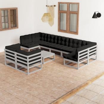 ARDEBO.de - 10-tlg. Garten-Lounge-Set mit Kissen Grau Massivholz Kiefer