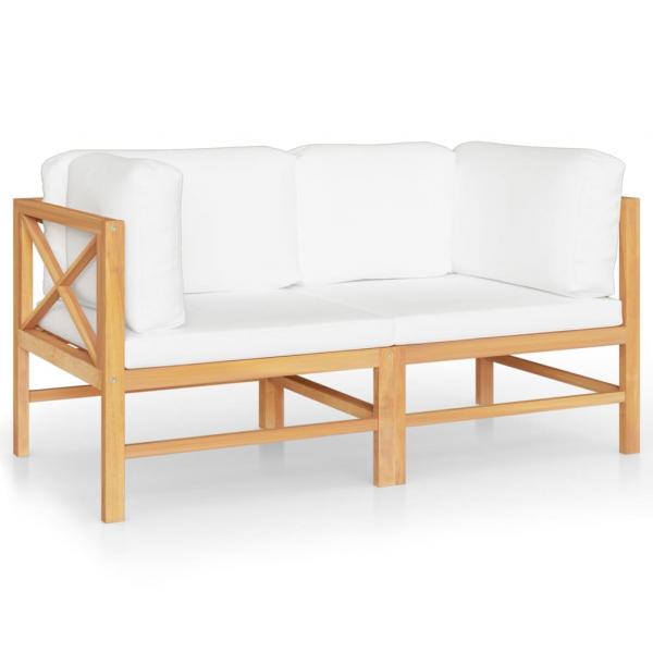 2-Sitzer-Gartensofa mit Creme Kissen Massivholz Teak