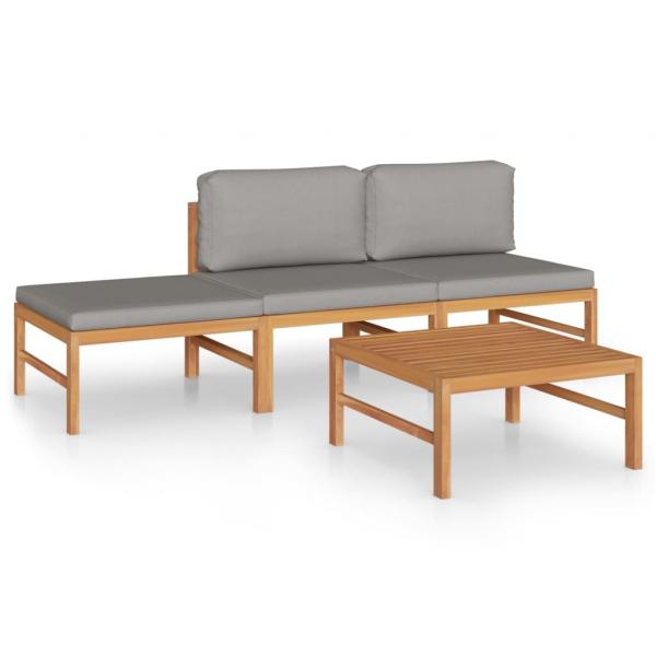 4-tlg. Garten-Lounge-Set mit Grauen Kissen Massivholz Teak