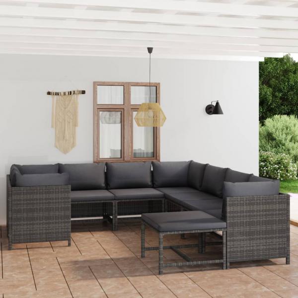 ARDEBO.de - 9-tlg. Garten-Lounge-Set mit Kissen Poly Rattan Grau