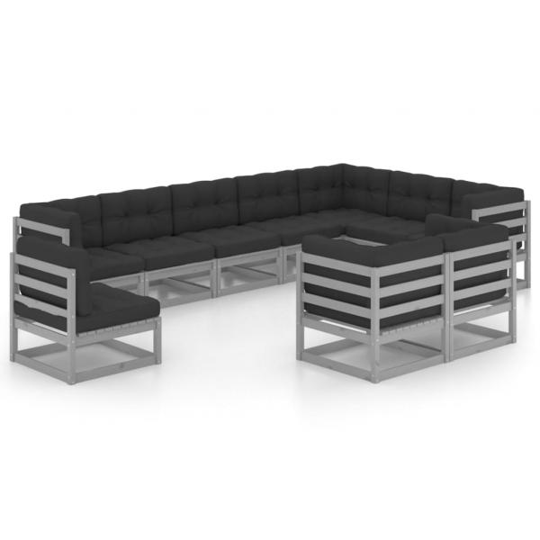 ARDEBO.de - 10-tlg. Garten-Lounge-Set mit Kissen Grau Massivholz Kiefer