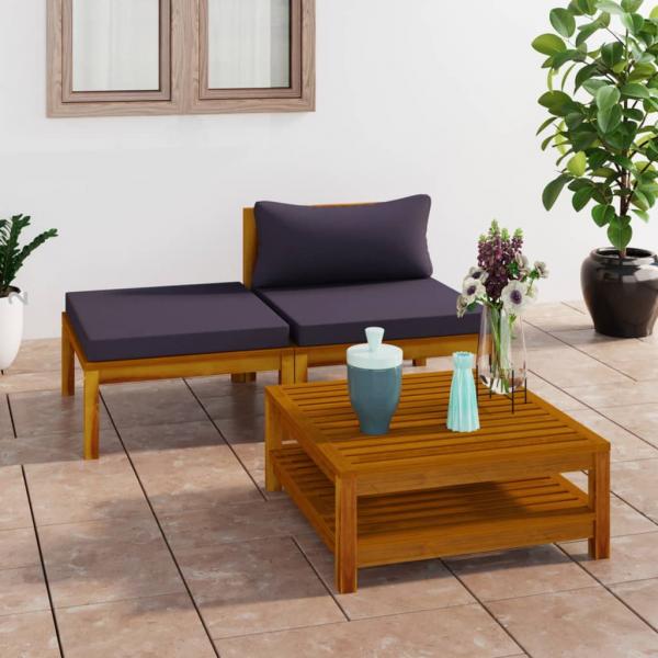 ARDEBO.de - 3-tlg. Garten-Lounge-Set mit Dunkelgrauen Kissen Akazienholz