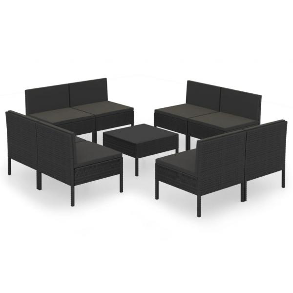 9-tlg. Garten-Lounge-Set mit Auflagen Poly Rattan Schwarz