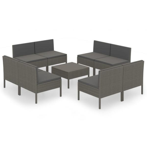 9-tlg. Garten-Lounge-Set mit Auflagen Poly Rattan Grau