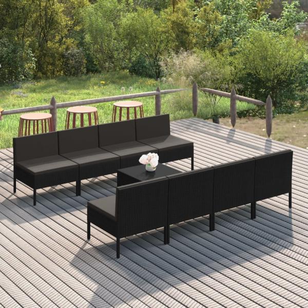 ARDEBO.de - 9-tlg. Garten-Lounge-Set mit Auflagen Poly Rattan Schwarz