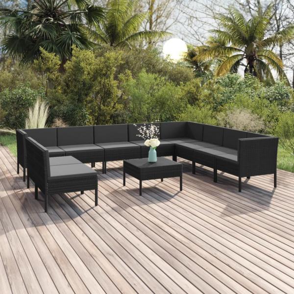 ARDEBO.de - 11-tlg. Garten-Lounge-Set mit Auflagen Poly Rattan Schwarz