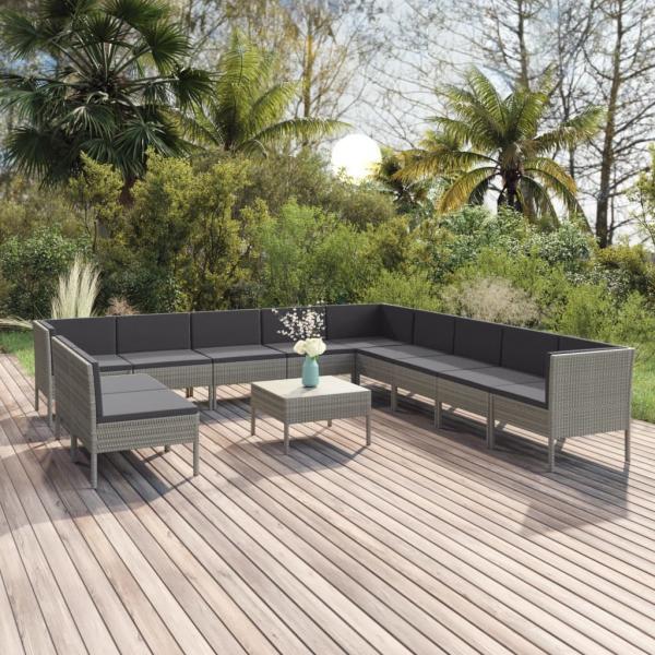 ARDEBO.de - 12-tlg. Garten-Lounge-Set mit Auflagen Poly Rattan Grau