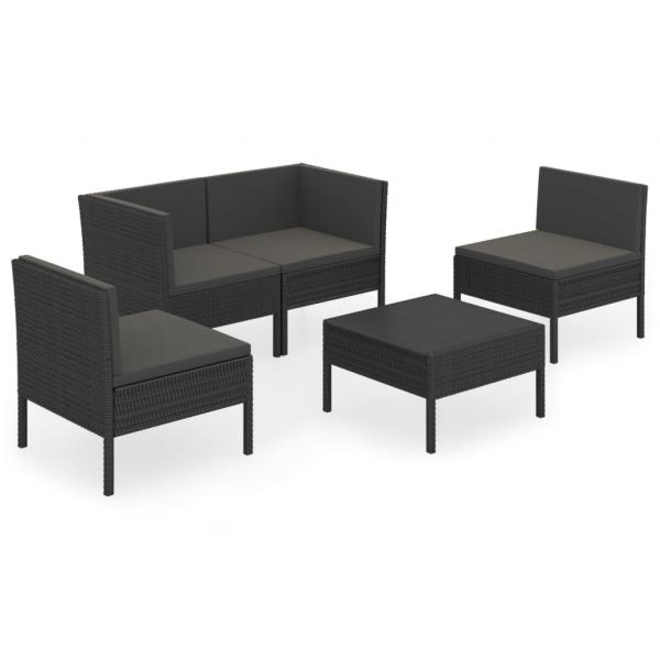 5-tlg. Garten-Lounge-Set mit Auflagen Poly Rattan Schwarz