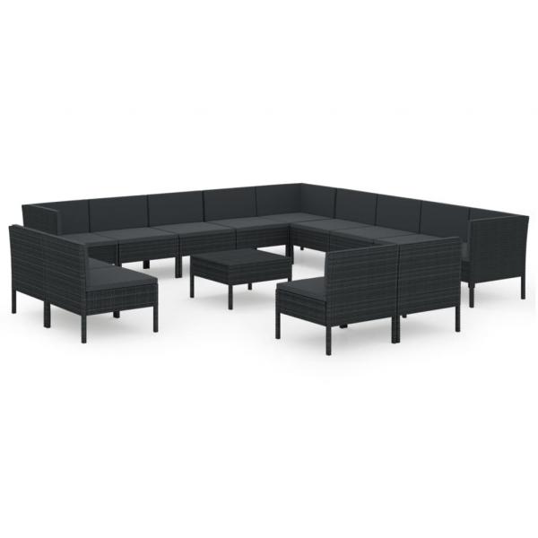 14-tlg. Garten-Lounge-Set mit Auflagen Poly Rattan Schwarz