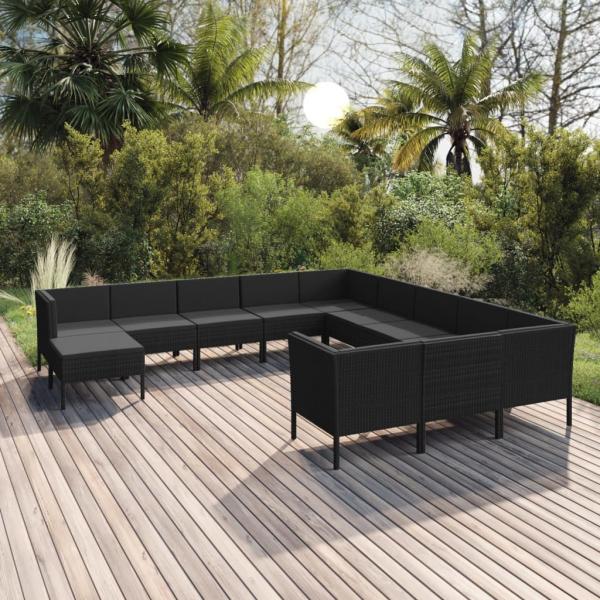 ARDEBO.de - 12-tlg. Garten-Lounge-Set mit Auflagen Poly Rattan Schwarz