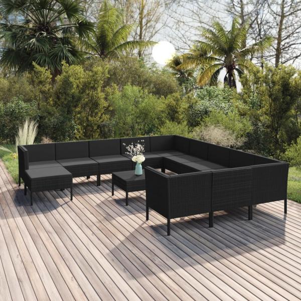 ARDEBO.de - 13-tlg. Garten-Lounge-Set mit Auflagen Poly Rattan Schwarz