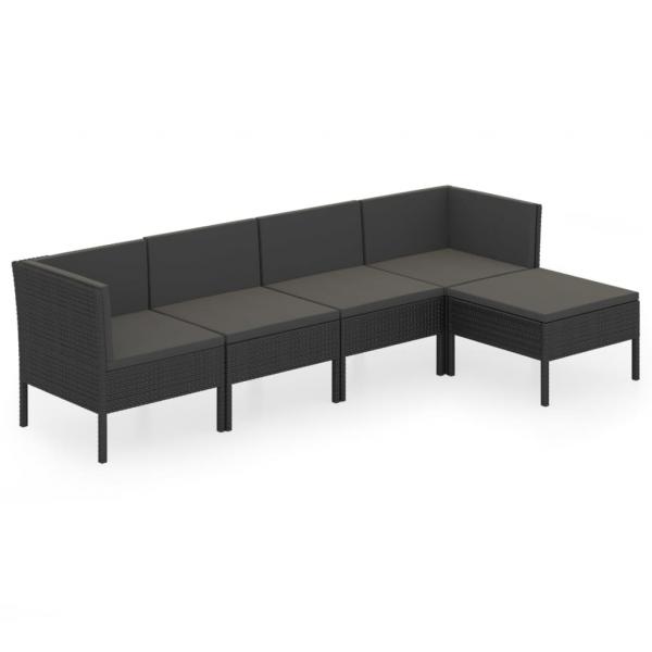 5-tlg. Garten-Lounge-Set mit Auflagen Poly Rattan Schwarz