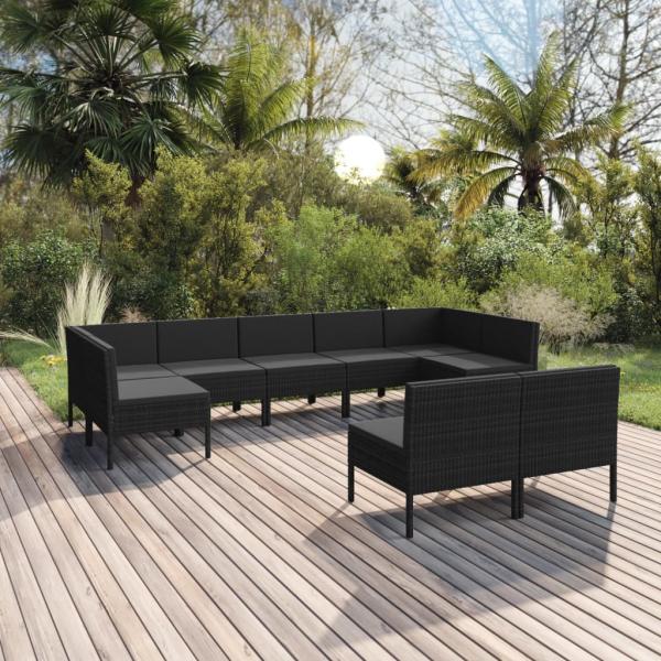 ARDEBO.de - 9-tlg. Garten-Lounge-Set mit Auflagen Poly Rattan Schwarz