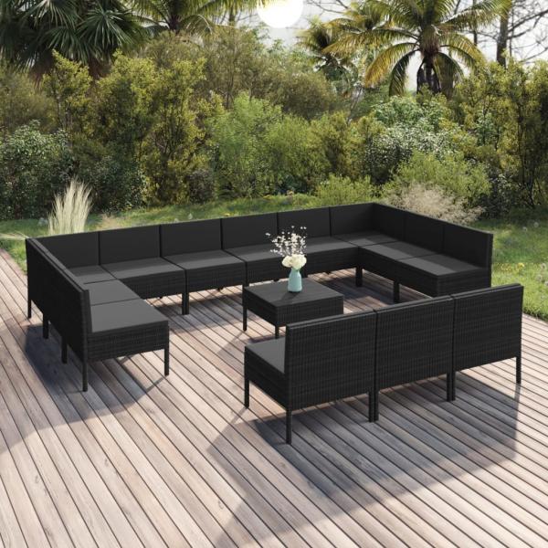 ARDEBO.de - 14-tlg. Garten-Lounge-Set mit Auflagen Poly Rattan Schwarz