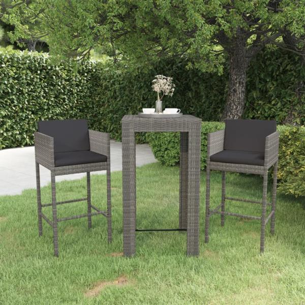 ARDEBO.de - 3-tlg. Gartenbar-Set mit Kissen Poly Rattan Grau