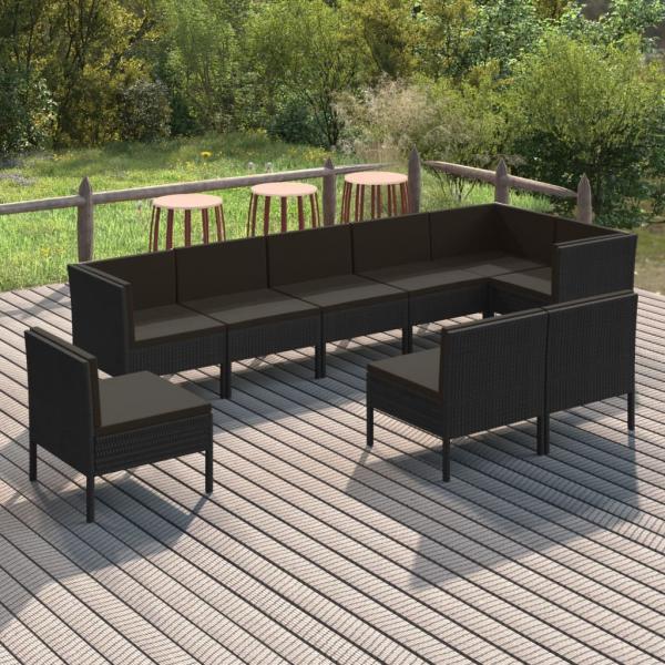 ARDEBO.de - 9-tlg. Garten-Lounge-Set mit Auflagen Poly Rattan Schwarz