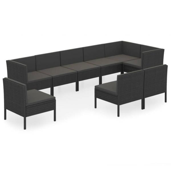 9-tlg. Garten-Lounge-Set mit Auflagen Poly Rattan Schwarz