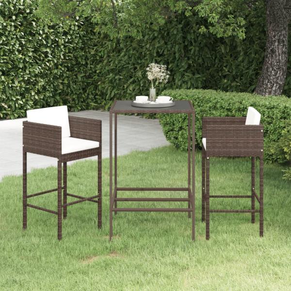 ARDEBO.de - 3-tlg. Gartenbar-Set mit Kissen Poly Rattan Braun