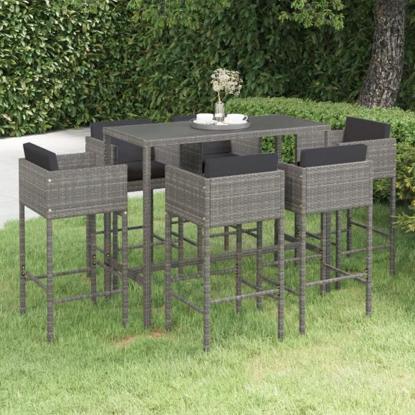 ARDEBO.de - 7-tlg. Gartenbar-Set mit Kissen Poly Rattan Grau